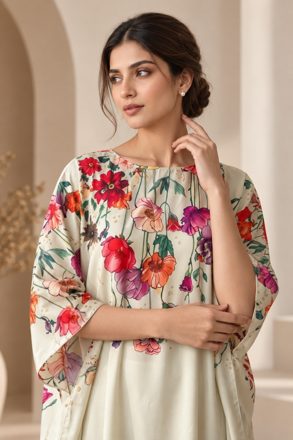 Gulbahar Printed Silk Kaftan – Unstitched 2 Piece