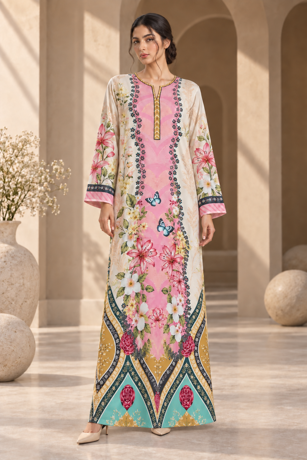 BOTANICAL BLOOM UNSTITCHED 2-PIECE PRINTED SILK KAFTAN
