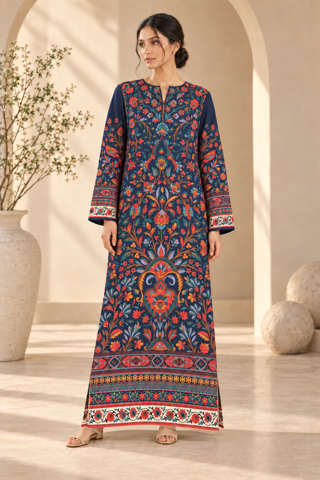 MIDNIGHT BLOOM UNSTITCHED 2-PIECE PRINTED SILK KAFTAN