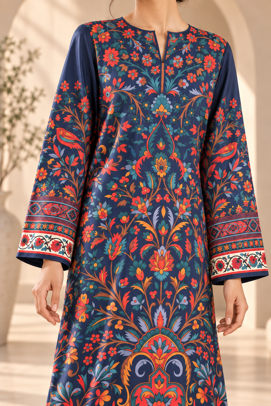 MIDNIGHT BLOOM UNSTITCHED 2-PIECE PRINTED SILK KAFTAN