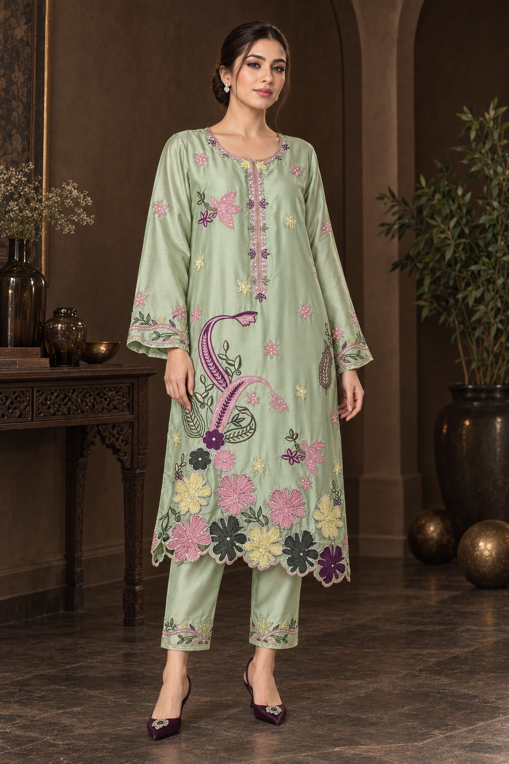 PISTACHIO BLOOM UNSTITCHED 2-PIECE EMBROIDERED SILK SUIT