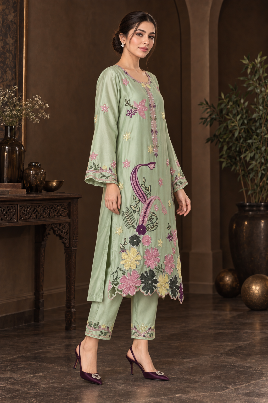PISTACHIO BLOOM UNSTITCHED 2-PIECE EMBROIDERED SILK SUIT