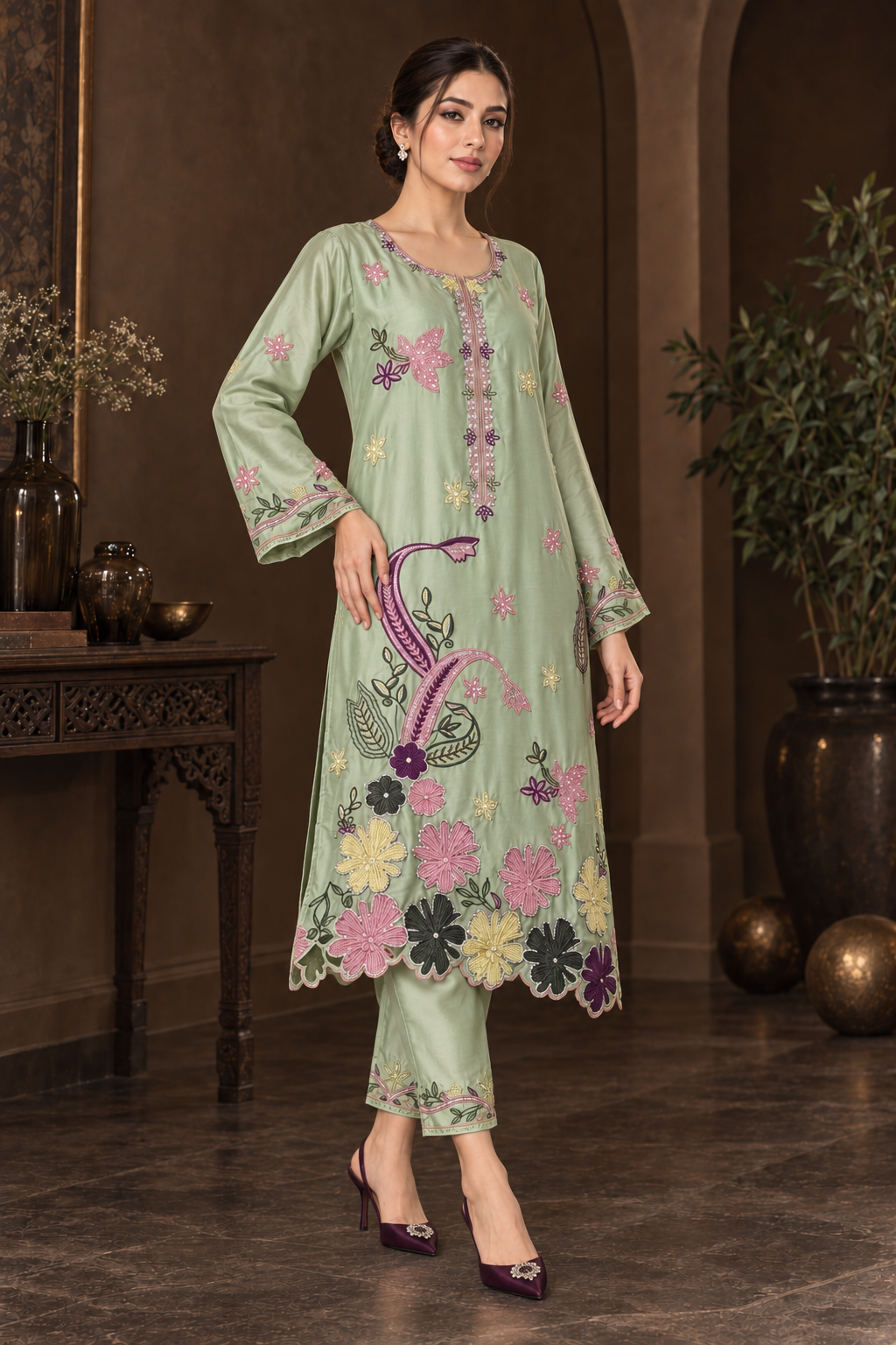 PISTACHIO BLOOM UNSTITCHED 2-PIECE EMBROIDERED SILK SUIT