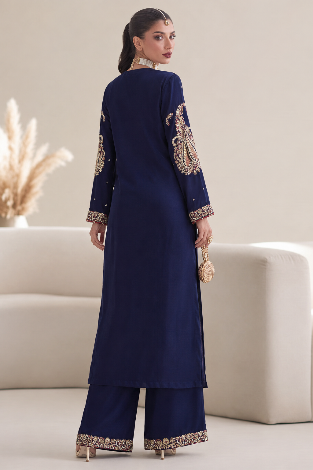 NAVY NOOR — UNSTITCHED 2-PIECE EMBROIDERED SILK SUIT