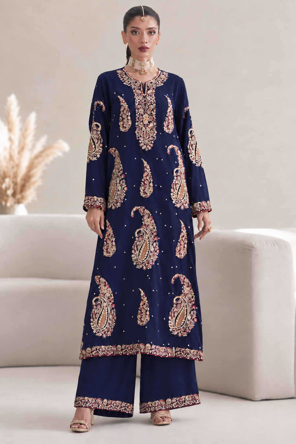 NAVY NOOR — UNSTITCHED 2-PIECE EMBROIDERED SILK SUIT