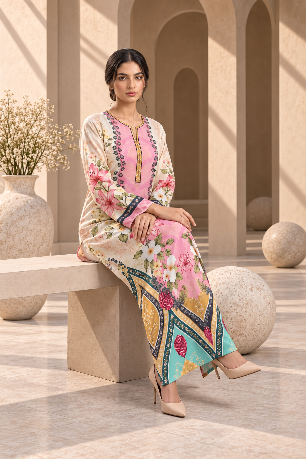 BOTANICAL BLOOM UNSTITCHED 2-PIECE PRINTED SILK KAFTAN