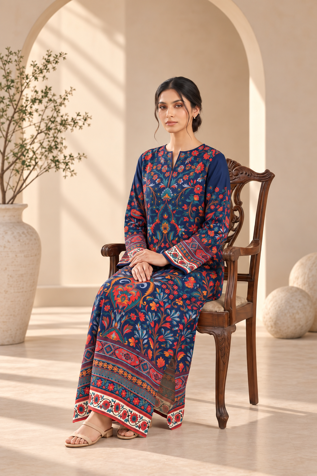 MIDNIGHT BLOOM UNSTITCHED 2-PIECE PRINTED SILK KAFTAN