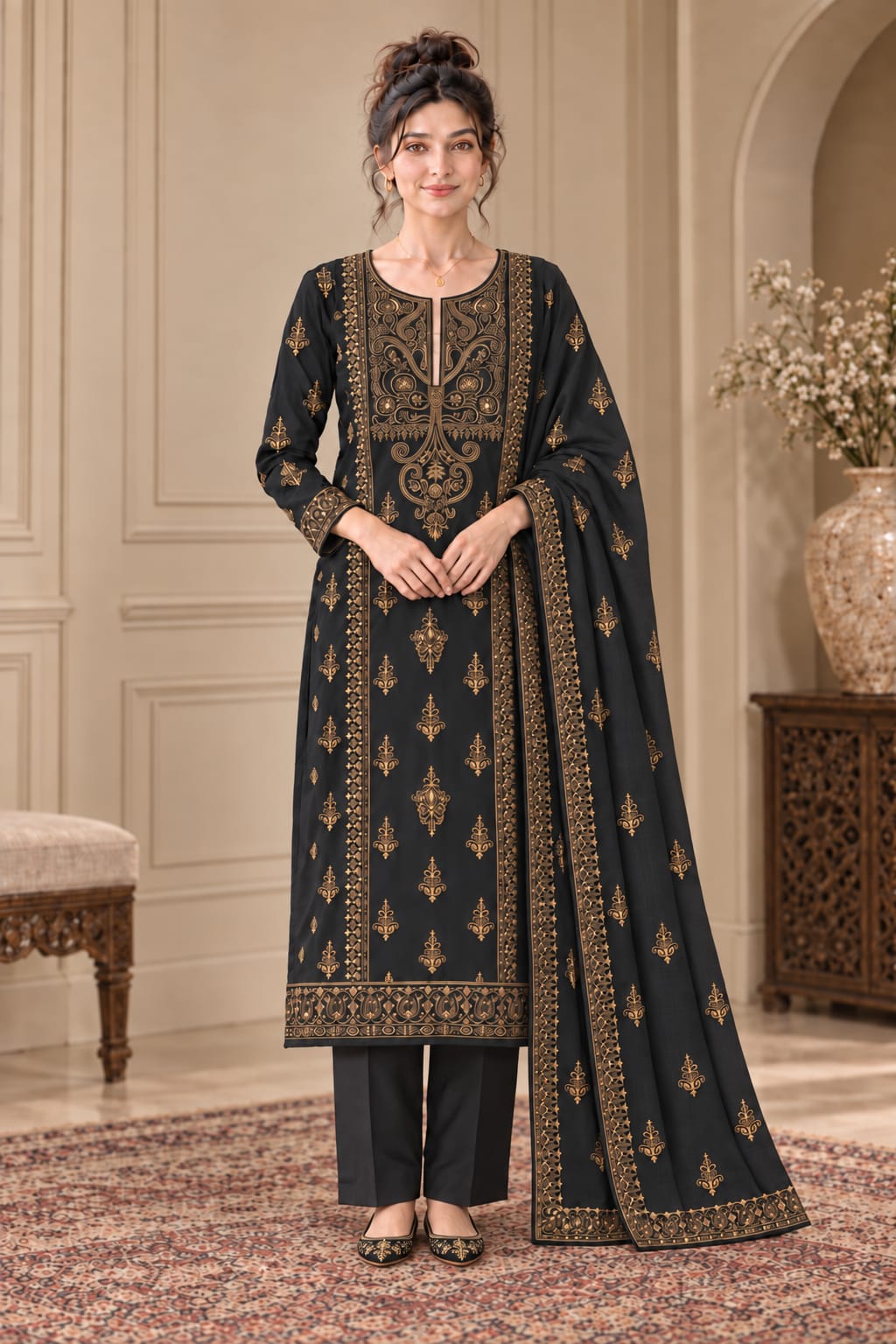 Black Karandi 3-Piece Unstitched Suit
