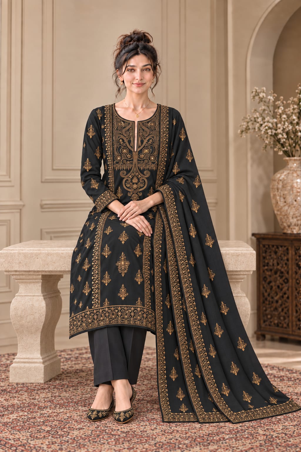 Black Karandi 3-Piece Unstitched Suit
