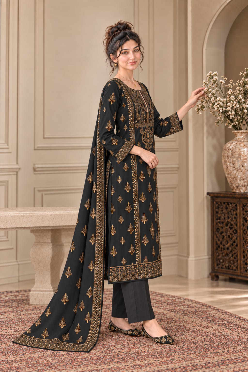 Black Karandi 3-Piece Unstitched Suit