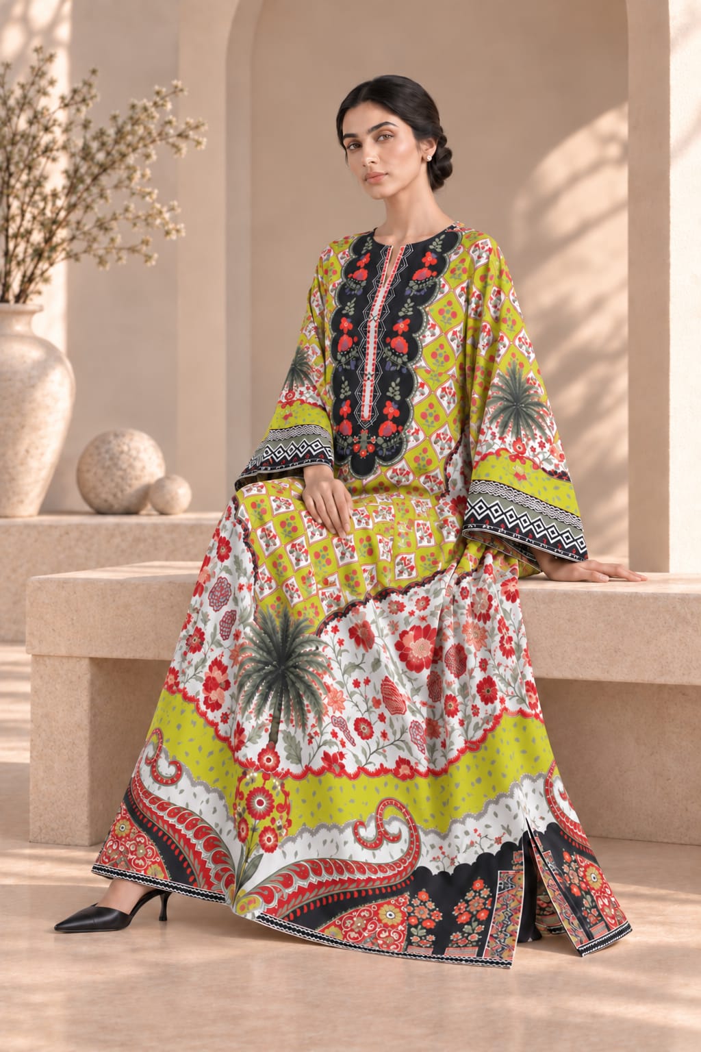 NEON BLOOM UNSTITCHED 2-PIECE PRINTED SILK KAFTAN