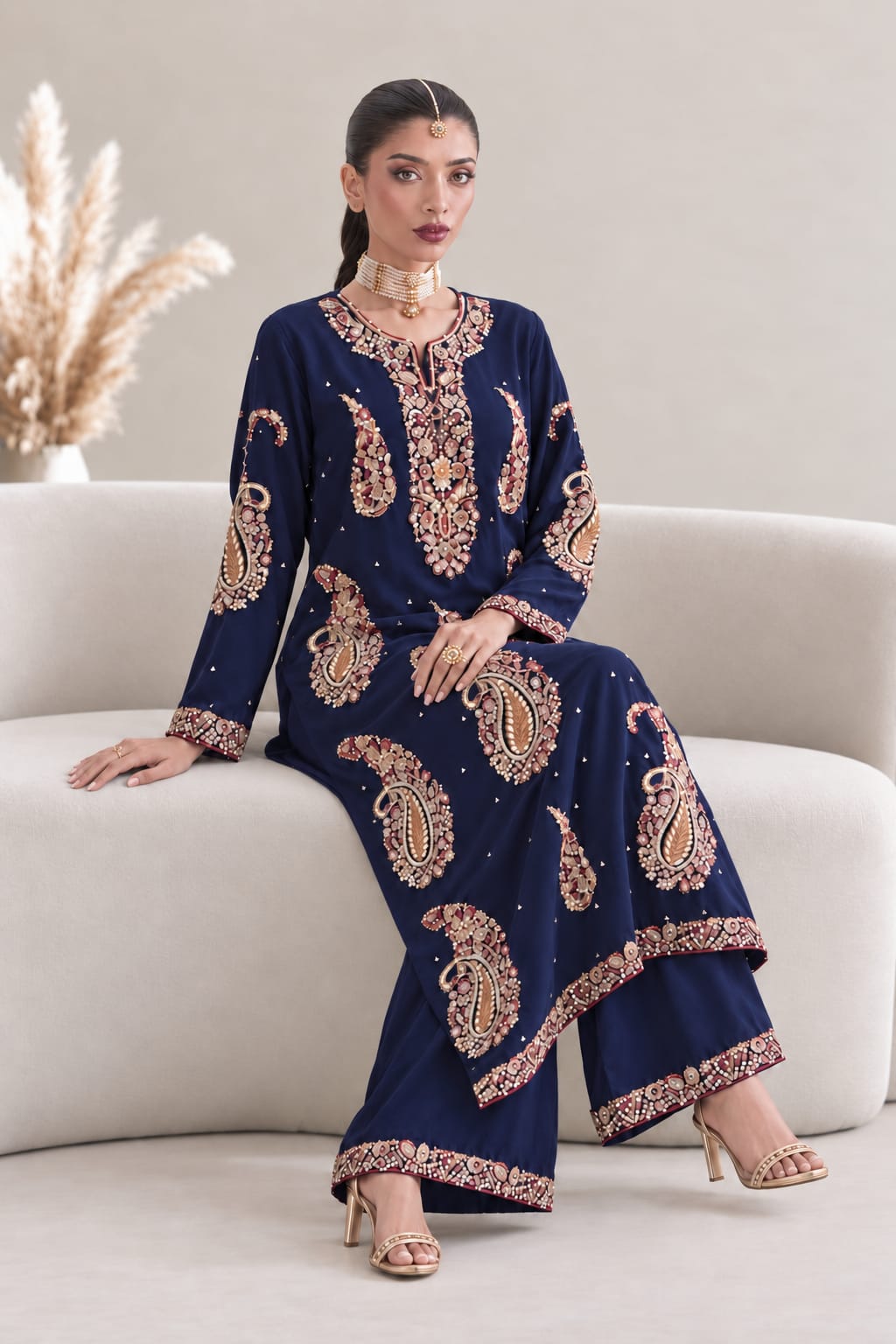 NAVY NOOR — UNSTITCHED 2-PIECE EMBROIDERED SILK SUIT