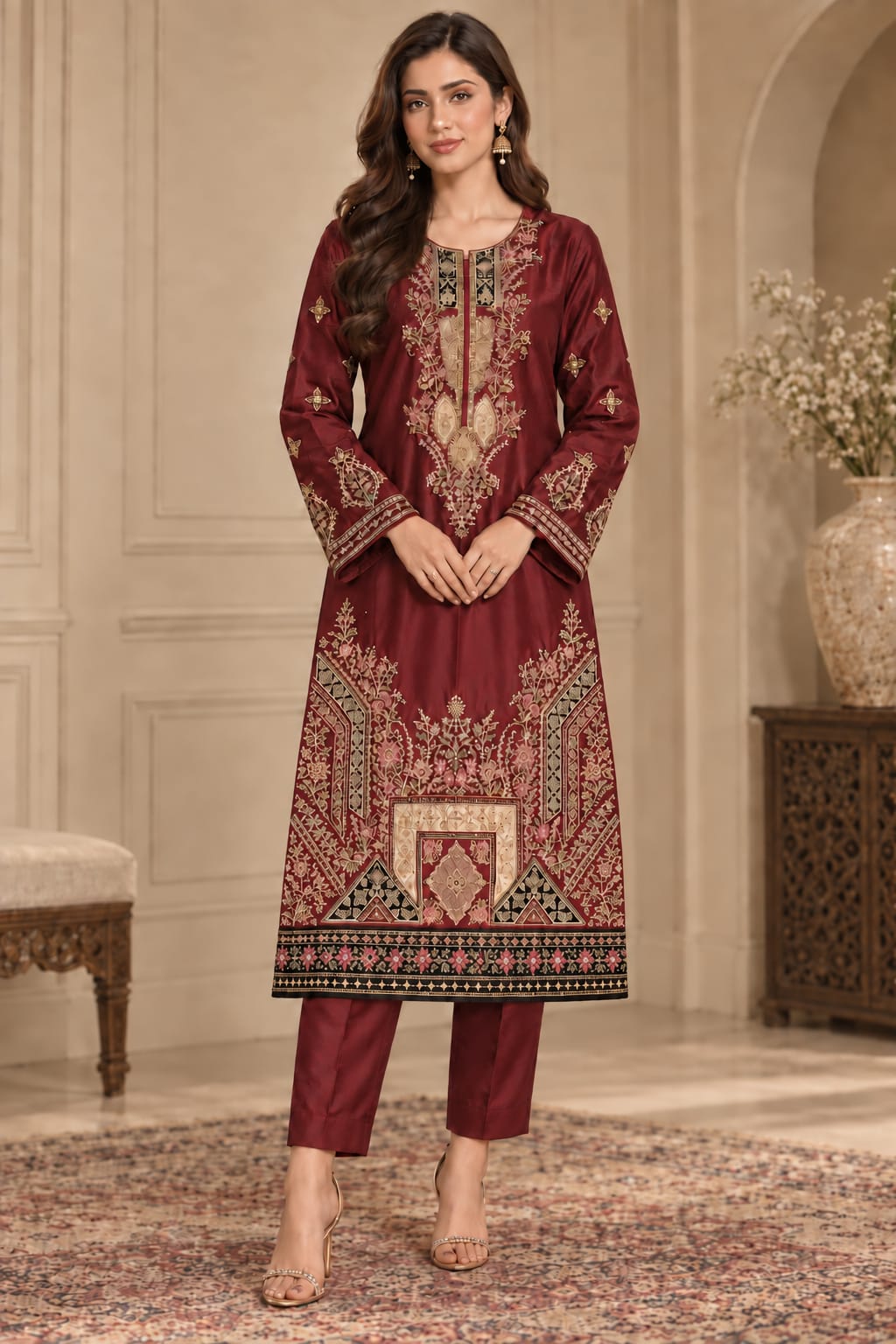 SHAHNOOR MAROON UNSTITCHED 2-PIECE EMBROIDERED SILK SUIT