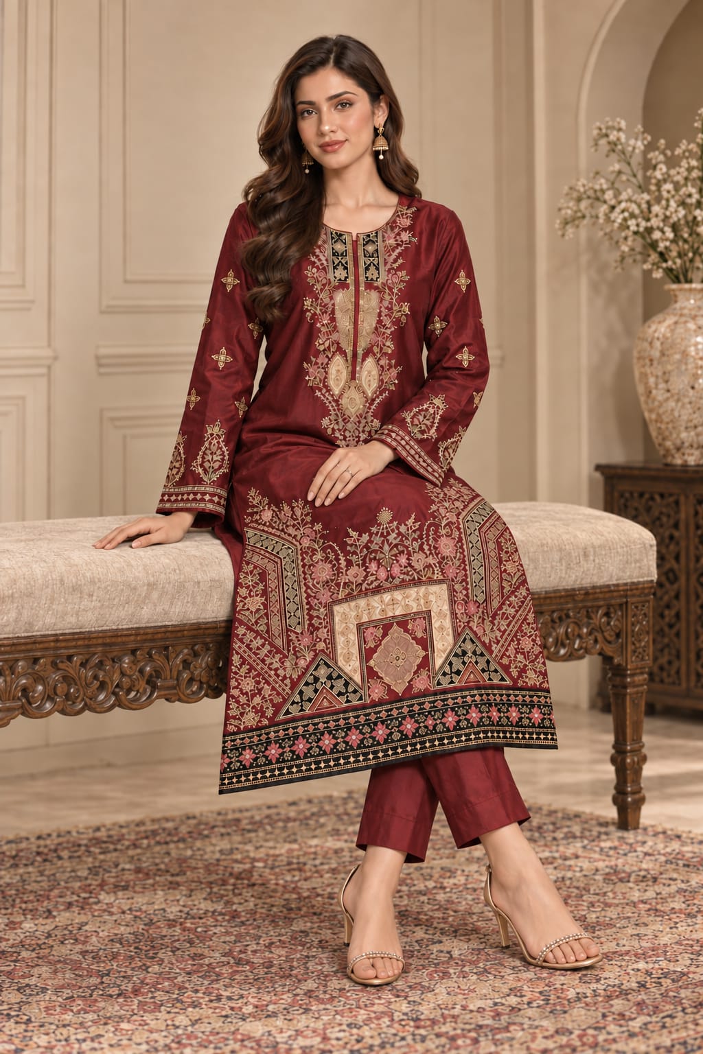 SHAHNOOR MAROON UNSTITCHED 2-PIECE EMBROIDERED SILK SUIT