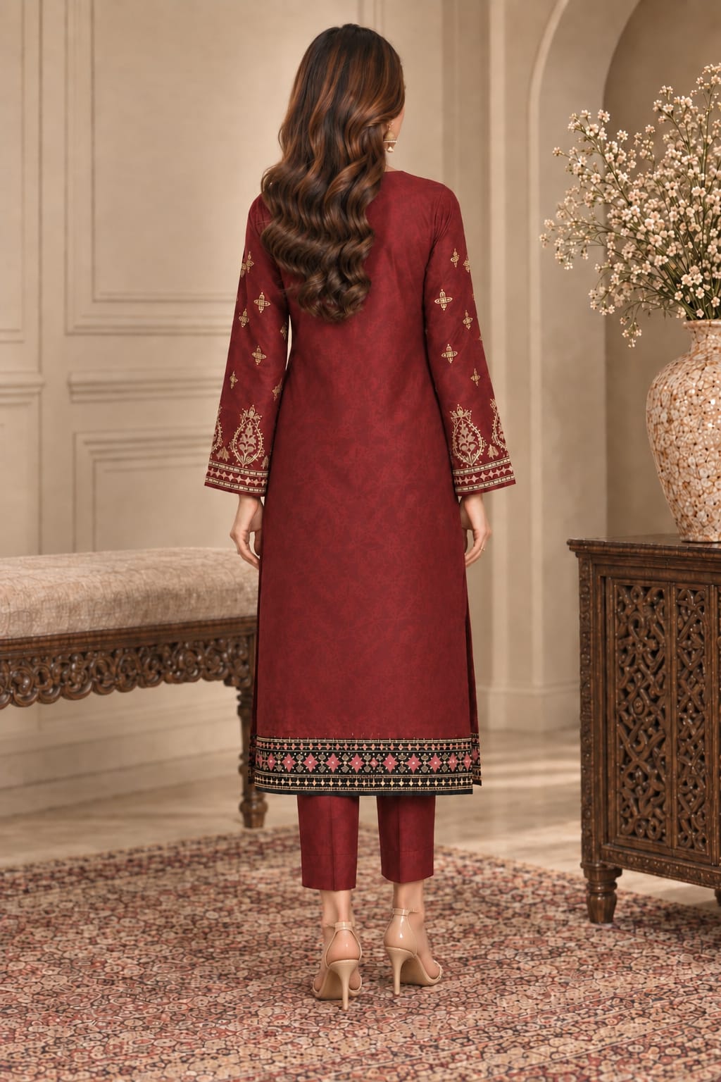 SHAHNOOR MAROON UNSTITCHED 2-PIECE EMBROIDERED SILK SUIT