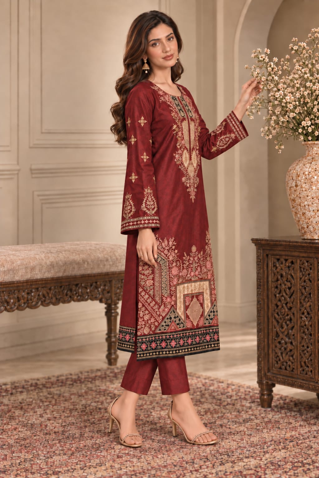 SHAHNOOR MAROON UNSTITCHED 2-PIECE EMBROIDERED SILK SUIT